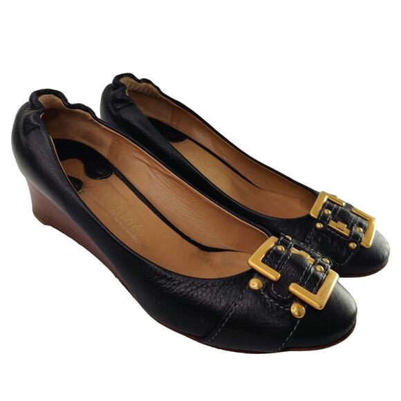 Black leather Buckle Chloe kitten heel Wedge sz 7.5 - Picture 1 of 8